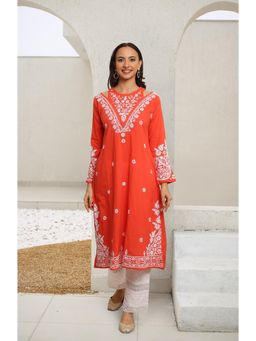 HOUSE OF KARI - Saba Embroidered Chikankari Long Kurta In Cotton - Orange