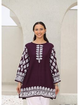 HOUSE OF KARI - Saba Embroidered Chikankari Short Kurti - Dark Purple