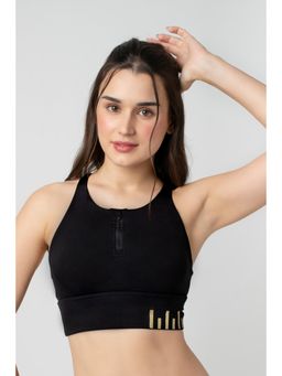 bodyline - Black Stylish Cross-Back Straps Black Front-Zip Sports Bra