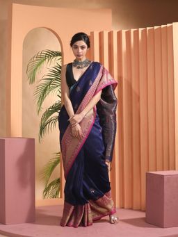 Beatitude - Blue Woven Linen Saree with Unstitched Blouse