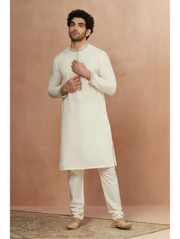 Manyavar - Cream Blended Viscose Self Design Kurta Pencil Pyjama Set (Set of 2)