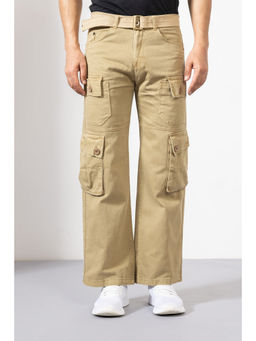 GRITSTONES - Men Beige Solid/Plain Cotton Cargo