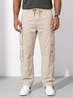 GRITSTONES - Men Cream Solid/Plain Cotton Cargo