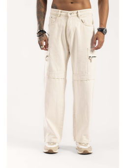 GRITSTONES - Men Cream Solid/Plain Cotton Cargo