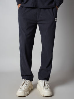HOP HEAD - Men Navy Blue Textured Corduroy Trouser