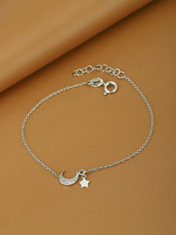 Carlton London - 925 Sterling Silver Women Rhodium Plated with CZ Moon & Stars Charm Bracelet Adjustable