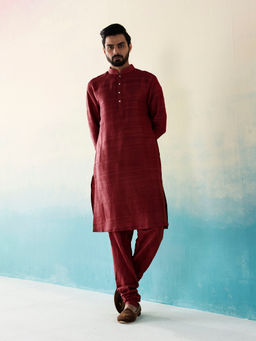WeaverStory - Classic Raw Silk Maroon Kurta with Pant (Set of 2)
