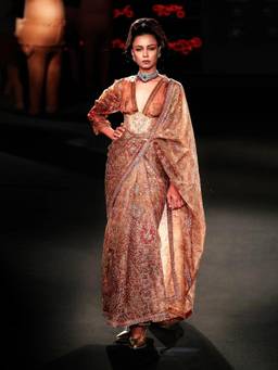 RI.Ritu Kumar - Peach Pitch Patch Saree with Stitched Blouse and Corset Belt