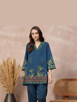 First Resort by Ramola Bachchan - Blue Tropical Printed Kurta