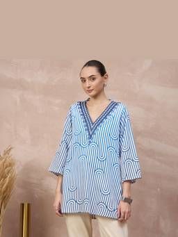 First Resort by Ramola Bachchan - Blue Geometric Swirl Mirrorwork Kurta