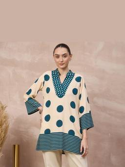 First Resort by Ramola Bachchan - Cream Polka Dots with Stripes Printed Kurta