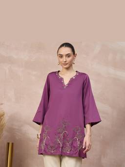 First Resort by Ramola Bachchan - Purple Plum Wildflower Embroidered Kurta