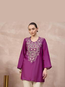 First Resort by Ramola Bachchan - Purple Floral Mandala Embroidered Short Kurta