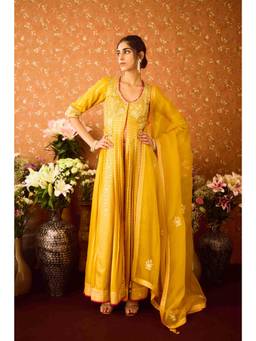 Shyam Narayan Prasad - Embroidered Mustard Anarkali Kurta with Pants, Dupatta and Belt