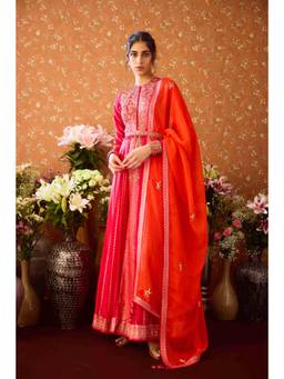 Shyam Narayan Prasad - Mandarin Maroon Anarkali Kurta with Pants, Dupatta and Belt