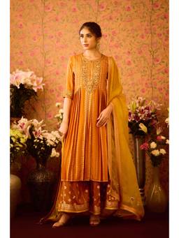 Shyam Narayan Prasad - Amber Glow Mustard Kurta with Pants, Dupatta and Belt