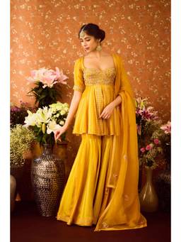 Shyam Narayan Prasad - Zardozi Embroidered Mustard Sharara with Kurta, Dupatta and Belt