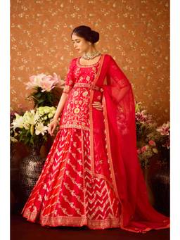 Shyam Narayan Prasad - Raspberry Red Lehenga with Kurta, Dupatta and Belt