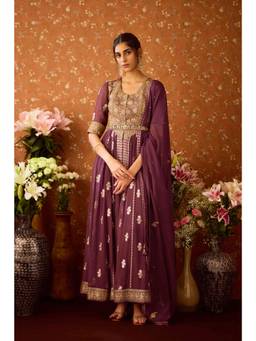Shyam Narayan Prasad - Embroidered Prune Purple Anarkali Kurta with Pants, Dupatta and Belt