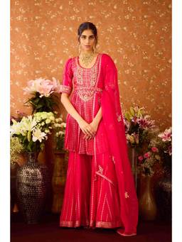 Shyam Narayan Prasad - Scarlet Red Maroon Sharara with Kurta, Dupatta and Belt