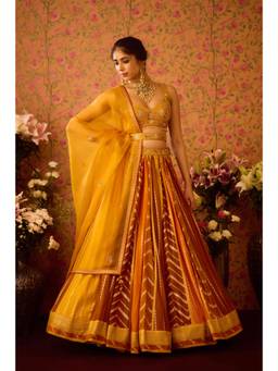Shyam Narayan Prasad - Zardozi Embroidered Mustard Lehenga with Blouse, Dupatta and Belt