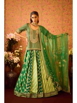 Shyam Narayan Prasad - Jasper Zardozi Embroidered Green Lehenga with Choli, Dupatta and Belt