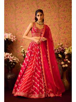 Shyam Narayan Prasad - Scarlet Red Lehenga with Blouse, Dupatta and Belt