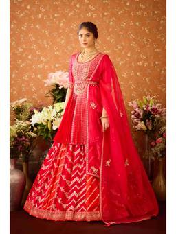 Shyam Narayan Prasad - Scarlet Red Lehenga with Kurta, Dupatta and Belt