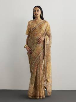 RI.Ritu Kumar - Peach Pitch Patch Saree with Stitched Blouse