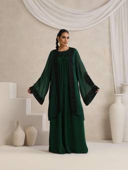 WAZIR C - Afsana Green Kaftan Dress with Cape