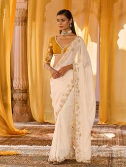 Zoon - Embellished Off White Pre Drape Saree with Stitched Blouse