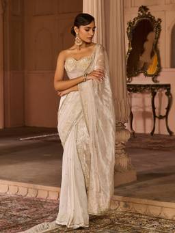 Zoon - Embellished White Pre Drape Saree with Stitched Blouse