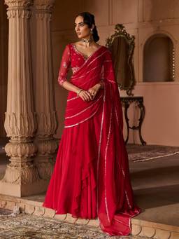 Zoon - Embellished Red Pre Drape Saree with Stitched Blouse