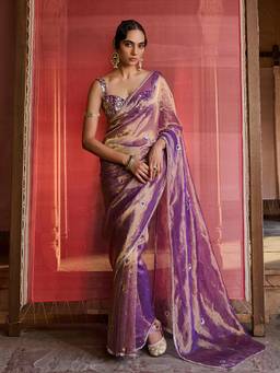 Zoon - Embellished Purple Pre Drape Saree with Stitched Blouse