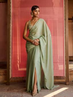 Zoon - Embellished Green Pre Drape Saree with Stitched Blouse