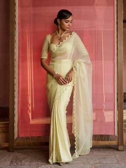 Zoon - Embellished Yellow Pre Drape Saree with Stitched Blouse