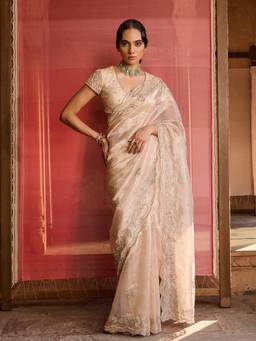 Zoon - Embellished Rose Gold Pre Drape Saree with Stitched Blouse