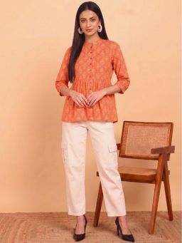 Maaesa - Orange Women Cotton Floral Printed Regular Fit Top