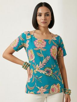 Rangita - Women Turquoise Cotton Cambric Printed Straight Tunic