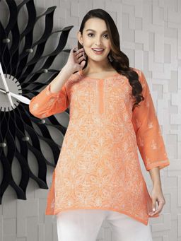 ADA - Hand Embroidered Orange Cotton Lucknowi Stylish Chikankari Kurti