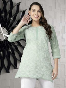 ADA - Hand Embroidered Pista Green Cotton Lucknowi Stylish Chikankari Kurti