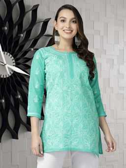 ADA - Hand Embroidered Sea Green Cotton Lucknowi Stylish Chikankari Kurti