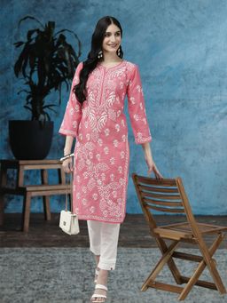 ADA - Hand Embroidered Pink Cotton Lucknow Chikan Kurta