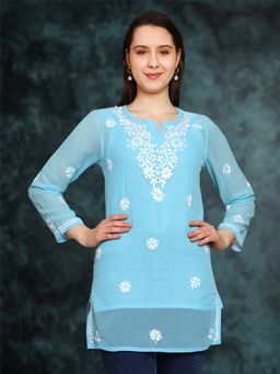 ADA - Hand Embroidered Floral Lucknowi Chikankari Blue Georgette Kurti With Slip (Set of 2)