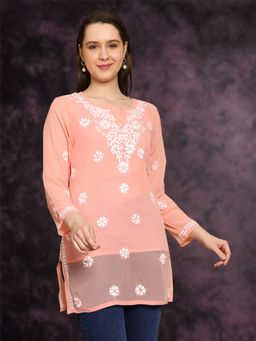 ADA - Hand Embroidered Floral Lucknowi Chikankari Peach Georgette Kurti With Slip (Set of 2)