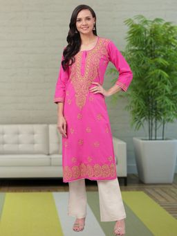 ADA - Embroidered Pink Cotton Lucknow Chikankari Kurta (XS) (A188186)