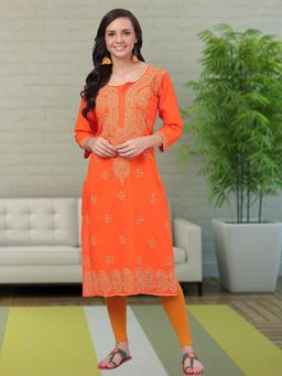 ADA - Hand Embroidered Orange Cotton Lucknow Chikan Kurta (XS) (A188176)