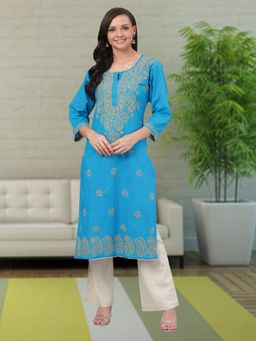 ADA - Hand Embroidered Blue Cotton Lucknow Chikan Kurta (XS) (A214156)