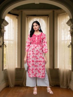 ADA - Pink Embroidered Kota Lucknow Chikan Kurta (XS) (A100585)