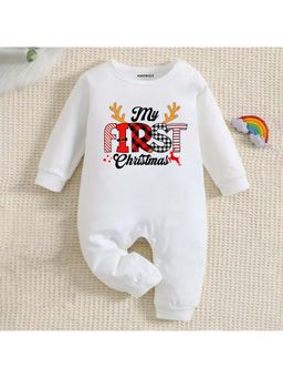 KNITROOT - Christmas Theme Full Sleeves My First Christmas Text Printed White Jumpsuit